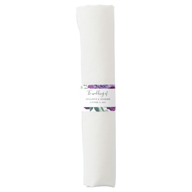 Purple Floral Modern Elegant Wedding Napkin Bands (Front)