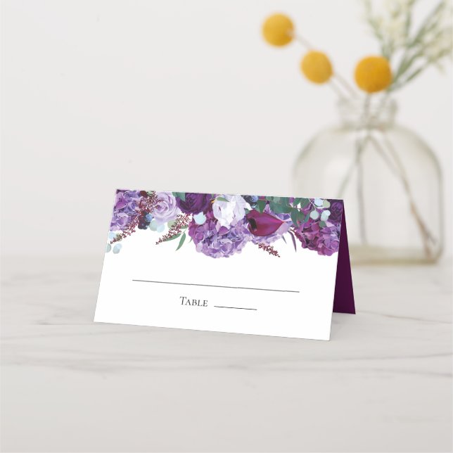 Purple Floral Modern Elegant Wedding Place Card (Front)