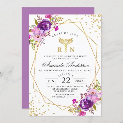 Purple Floral Modern Nursing School Graduation Invitation