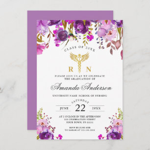 Purple Floral Modern Nursing School Graduation Invitation