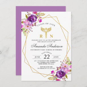 Purple Floral Modern Nursing School Graduation Invitation