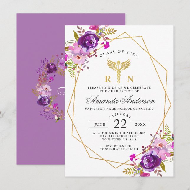 Purple Floral Modern Nursing School Graduation Invitation (Front/Back)