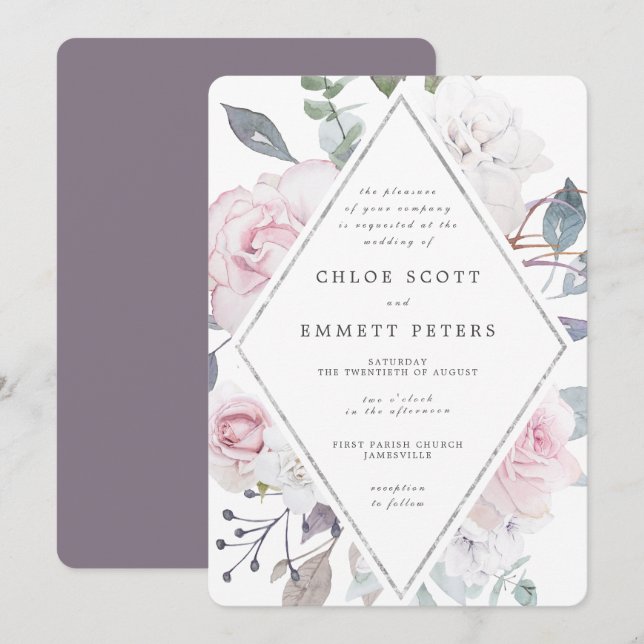 Purple Floral Modern Waterolor Wedding Invitation (Front/Back)