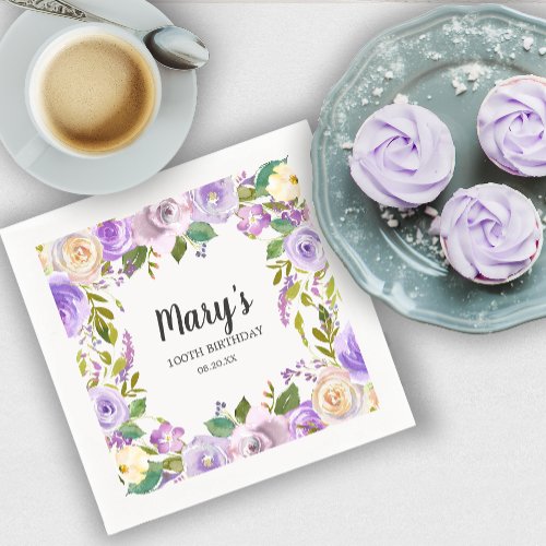 Purple Floral Monogram 100th Birthday Party Napkins