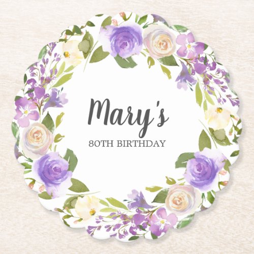 Purple Floral Monogram 80th Birthday Paper Coaster