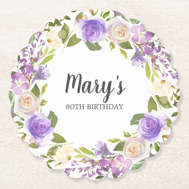 Purple Floral Monogram 80th Birthday Paper Coaster (Front)