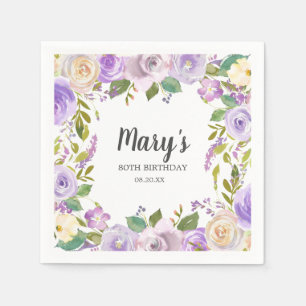 Purple Floral Monogram 80th Birthday Party Napkins
