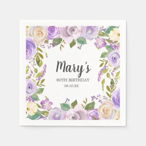 Purple Floral Monogram 80th Birthday Party Napkins