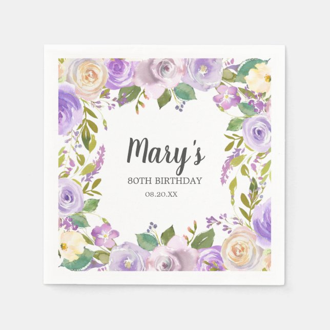 Purple Floral Monogram 80th Birthday Party Napkins (Front)
