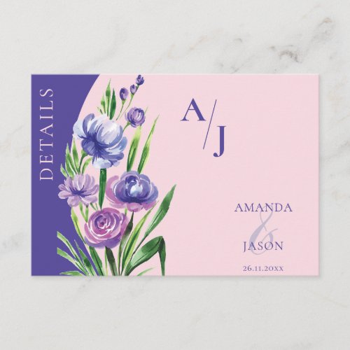 Purple Floral Monogram Blush Pink Wedding Details  Enclosure Card