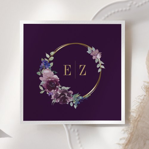 Purple Floral Monogram Boho Gold Frame Wedding Napkins