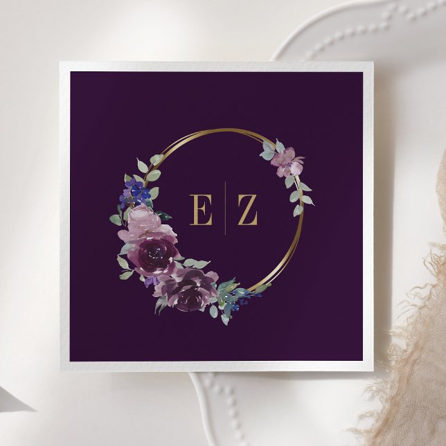 Purple Floral Monogram Boho Gold Frame Wedding Napkins (Creator Uploaded)