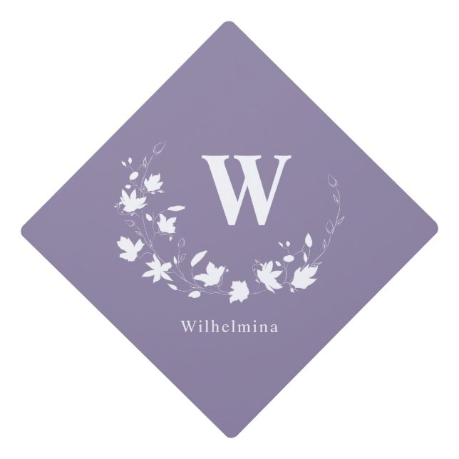 Purple Floral Monogram Botanical Custom Graduation Cap Topper (Front)