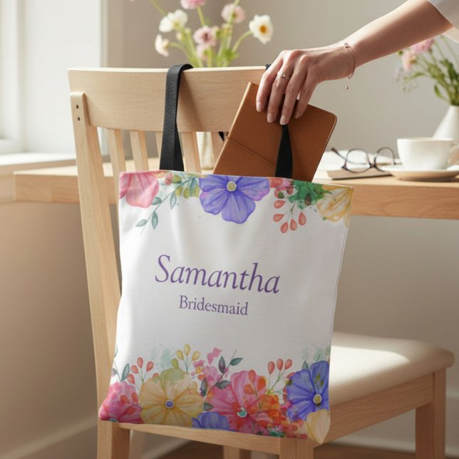 Purple Floral Monogram Bridesmaid Tote Bag (Creator Uploaded)