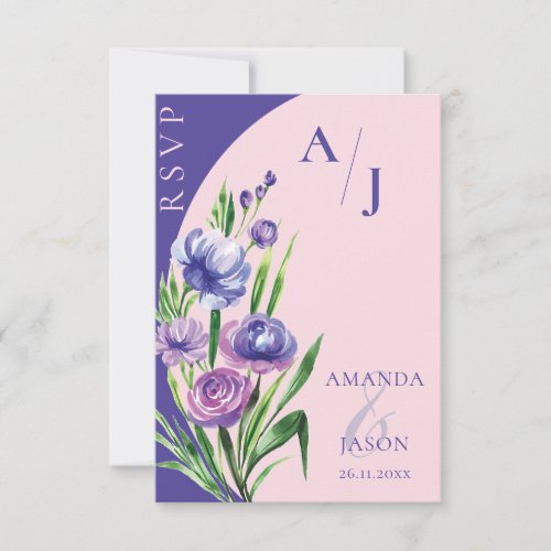 Purple Floral Monogram Elegant Blush Pink Wedding  RSVP Card