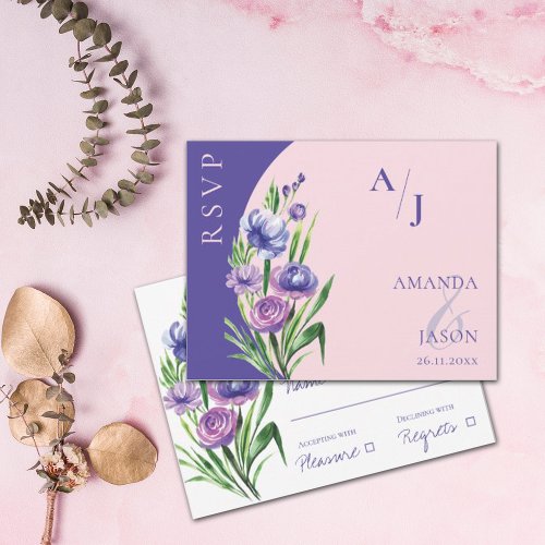 Purple Floral Monogram Elegant Blush Pink Wedding  RSVP Card