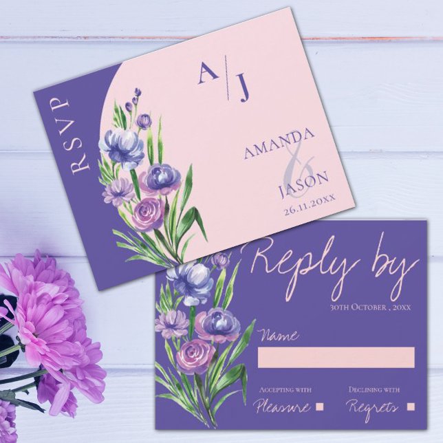 Purple Floral Monogram Elegant Blush Pink Wedding  RSVP Card (Creator Uploaded)