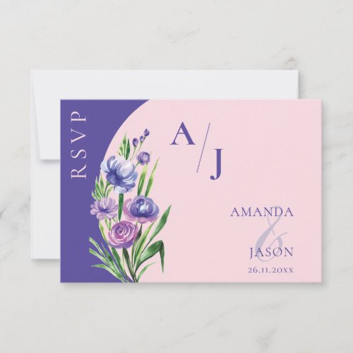 Purple Floral Monogram Elegant Blush Pink Wedding  RSVP Card