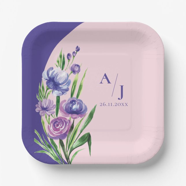 Purple Floral Monogram Elegant Blush wedding Party Paper Plates (Front)