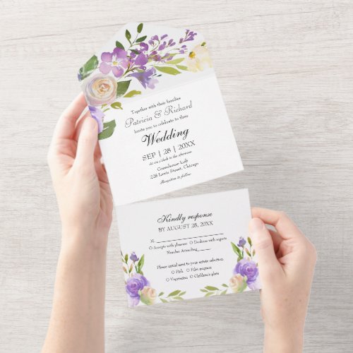 Purple Floral Monogram Elegant Wedding All In One Invitation