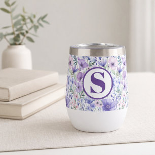 Purple Floral Monogram Gift for Her Thermal Wine Tumbler