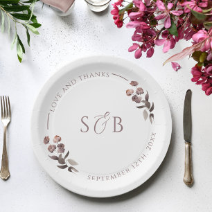 Purple Floral Monogram Initials Wedding Paper Plates