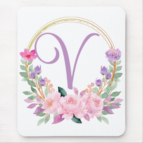 Purple Floral Monogram Mouse Pad