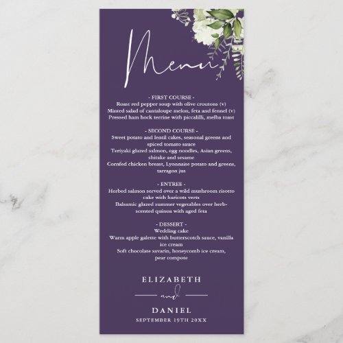 Purple Floral Monogram Wedding Dinner Menu