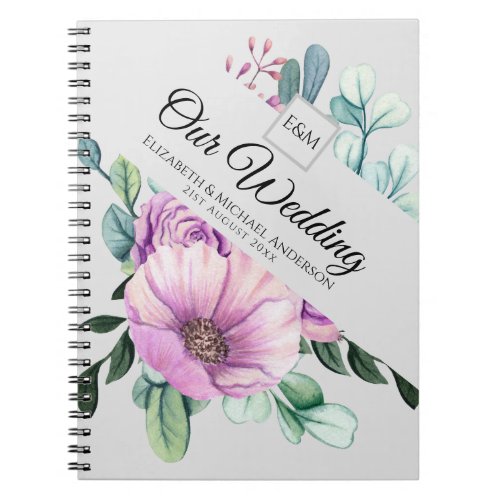 Purple Floral Monogram WEDDING Notes Newlyweds Notebook