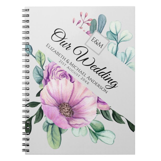 Purple Floral Monogram WEDDING Notes Newlyweds Notebook (Front)