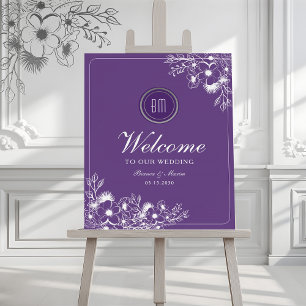 Purple Floral Monogram Wedding Welcome Foam Board