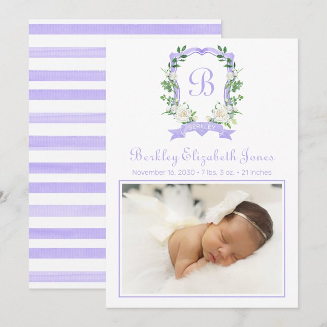 Purple Floral Monogrammed Crest Birth Announcement (Front/Back)