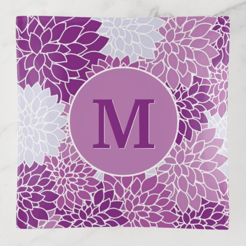 Purple Floral Monogrammed Initial Dahlia Pattern Trinket Tray