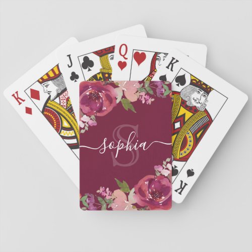 Purple Floral Monogrammed Script Name Playing Cards