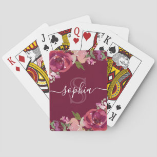 Purple Floral Monogrammed Script Name Poker Cards