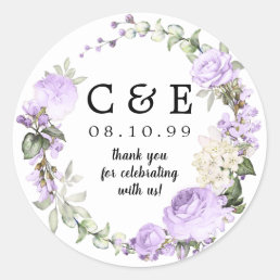 Purple Floral Monogrammed Wedding Thank You Classic Round Sticker