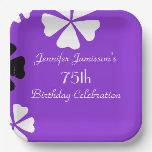Purple Floral, Name, 75th Birthday Party Square Paper Plates