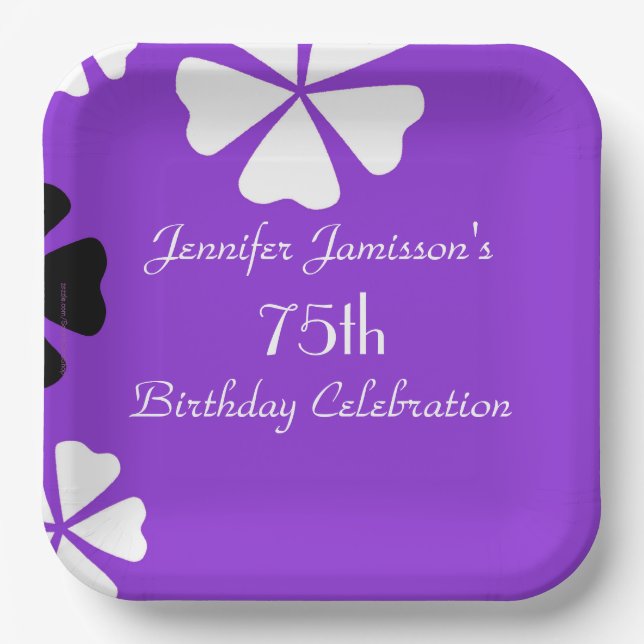 Purple Floral, Name, 75th Birthday Party Square Paper Plates (Front)