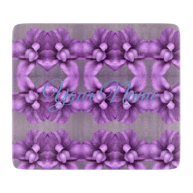 Purple Floral NAME Gift - Customizable Flower Cutting Board (Front)