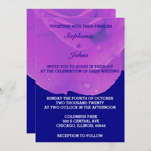 Purple Floral Navy Blue Rose Elegant Cute Wedding Invitation