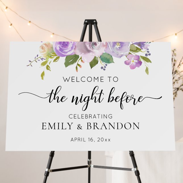 Purple Floral Night Before Wedding Welcome  Foam Board (In Situ (Stand))