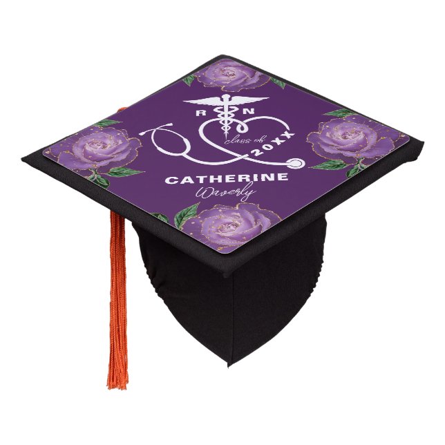 Purple Floral Nursing School Graduation Cap Topper (Angled)