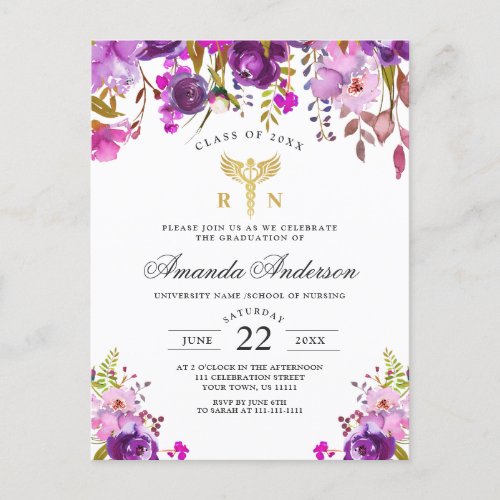 Purple Floral Nursing School Graduation Invitation Postcard