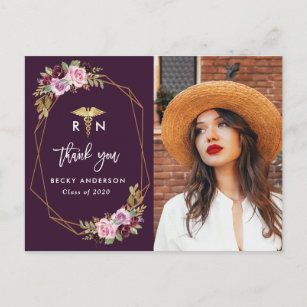 purple floral nursing school graduation thank you postcard