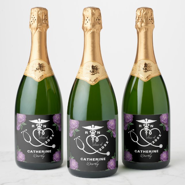 Purple Floral Nursing School Sparkling Wine Label (Bottles)