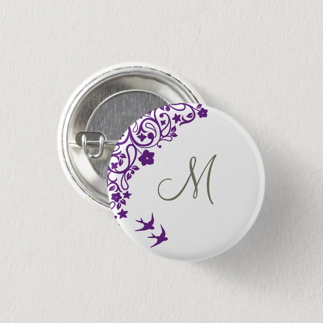 Purple Floral Olive Green Initial Script Monogram Button (Front & Back)