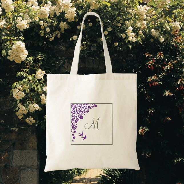 Purple Floral Olive Green Initial Script Monogram Tote Bag (Creator Uploaded)