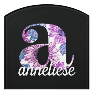 Purple Floral on Black Monogram Letter A Door Sign