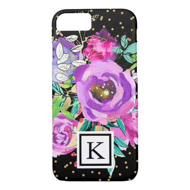 Purple Floral on Black with Confetti Monogram Case-Mate iPhone Case (Back)