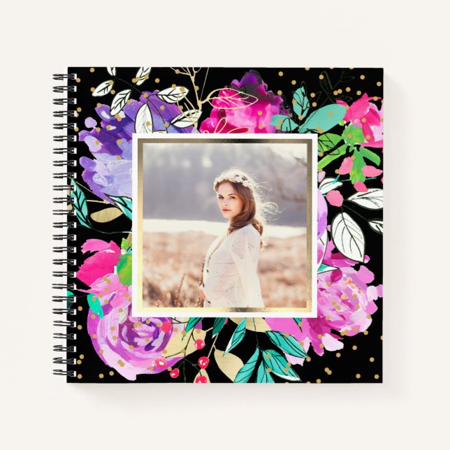 Purple Floral on Black with Confetti Photo Notebook (Front)